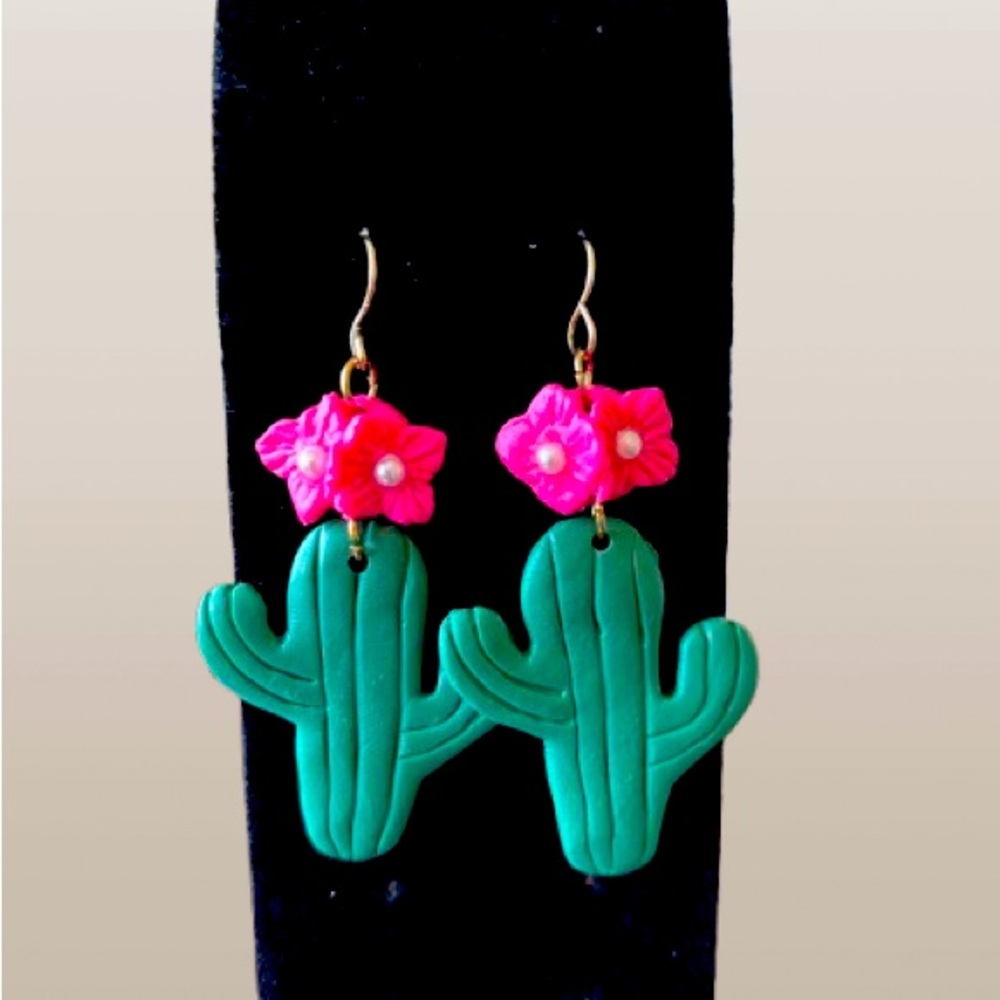 Cactus Earrings with Pink Flowers